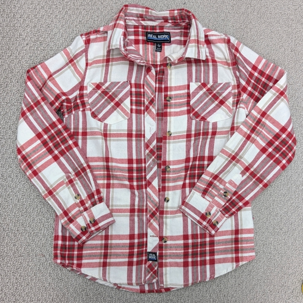 Flannel Kids 14 Large Real Work Red White Scott Tartan Plaid Button Long Sleeve